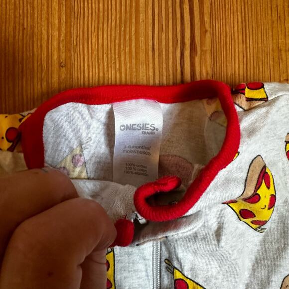 Onesies gray red pizza chicken nugget footed sleeper pajamas SIZE 3-6M - Picture 3 of 4